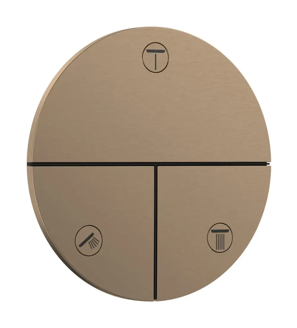 Rundes Bedienfeld von Hansgrohe mit vier Symbolen für verschiedene Wasserverbraucher. Oberfläche in brushed Bronze, unterteilt in drei Bereiche.